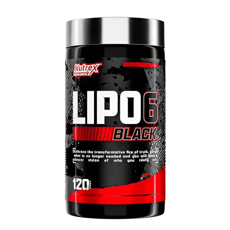 Nutrex lipo 6 black quemador de grasa en envase cilíndrico negro y rojo con tapa plateada de nutrex research